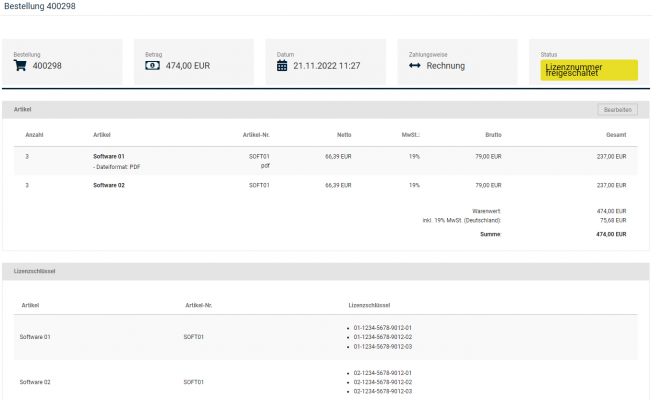 Lizenzschlüssel in der Kunden-Bestell-Detailansicht
